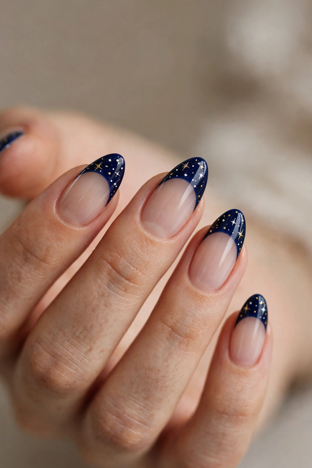 Close-up of almond nails with midnight blue French tips decorated with tiny gold and white star accents.