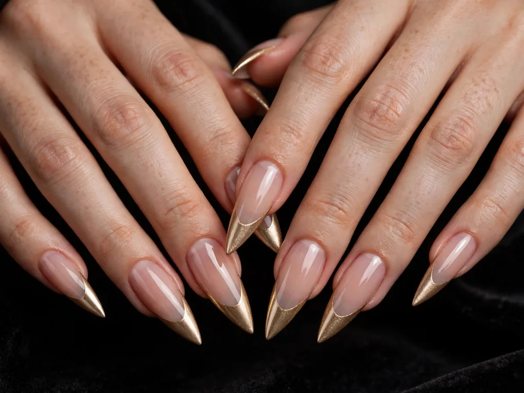 Stiletto gold French tip nails with sharp metallic points