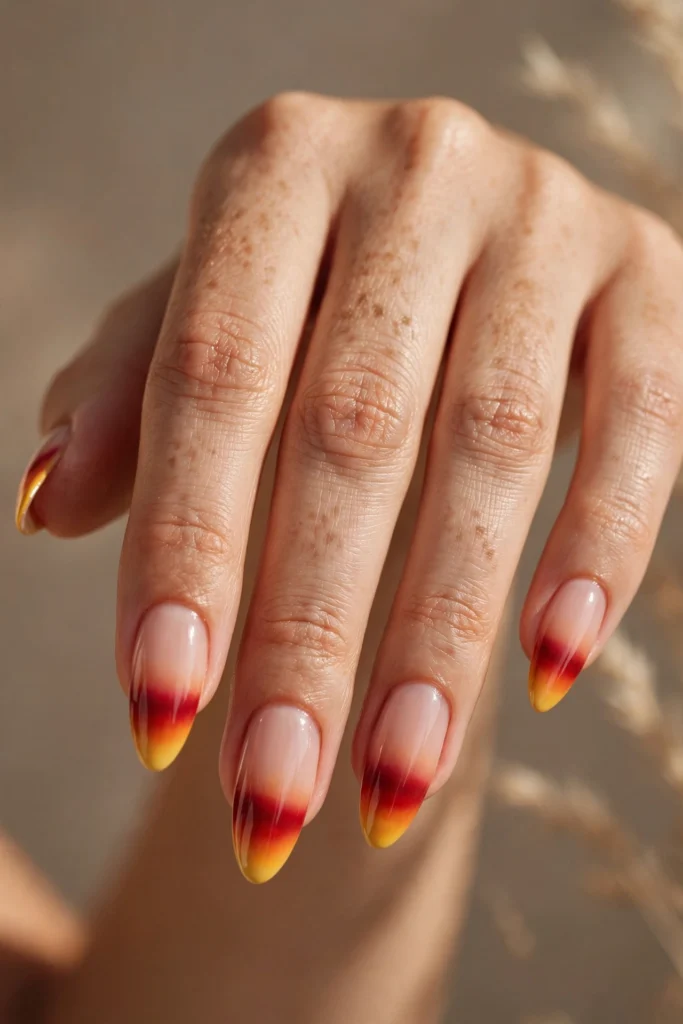 Close-up of long almond nails with a sunset gradient French tip blending red into orange and golden yellow