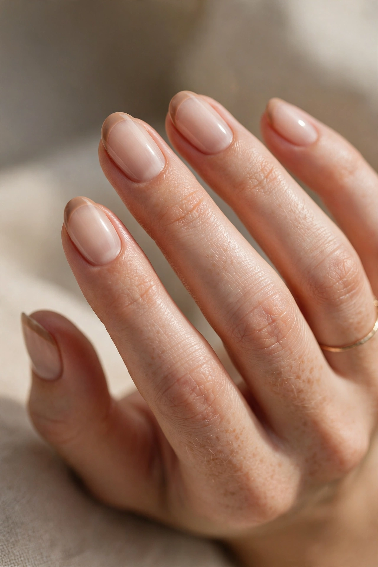 Close-up of oval nails with understated soft tan nude-brown French tips