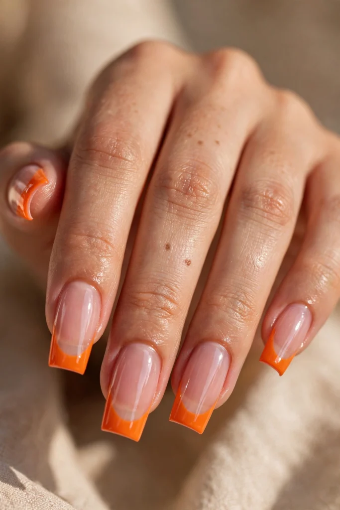 Close-up of long square nails with vibrant tangerine orange French tips over a sheer pink-nude base
