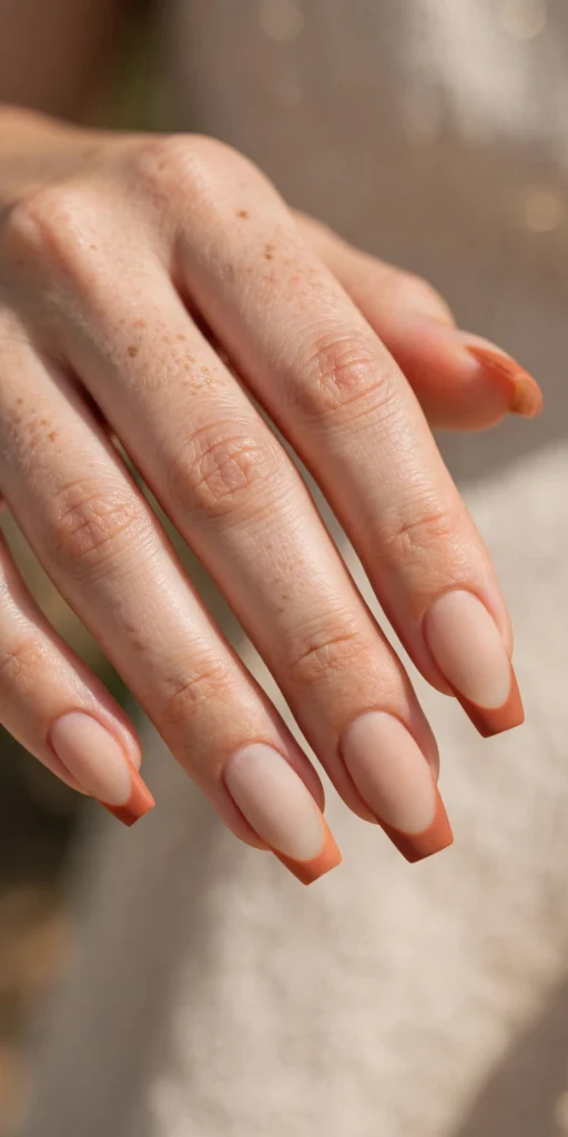 Close-up of medium coffin nails with muted terracotta orange French tips over a sheer beige base, matte finish