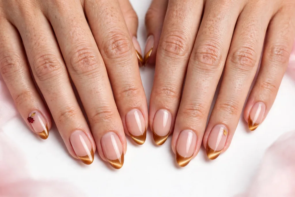 Thanksgiving dinner French tip nails with amber cat-eye magnetic tips with a soft velvet light band on a sheer nude base, shown on medium almond nails.