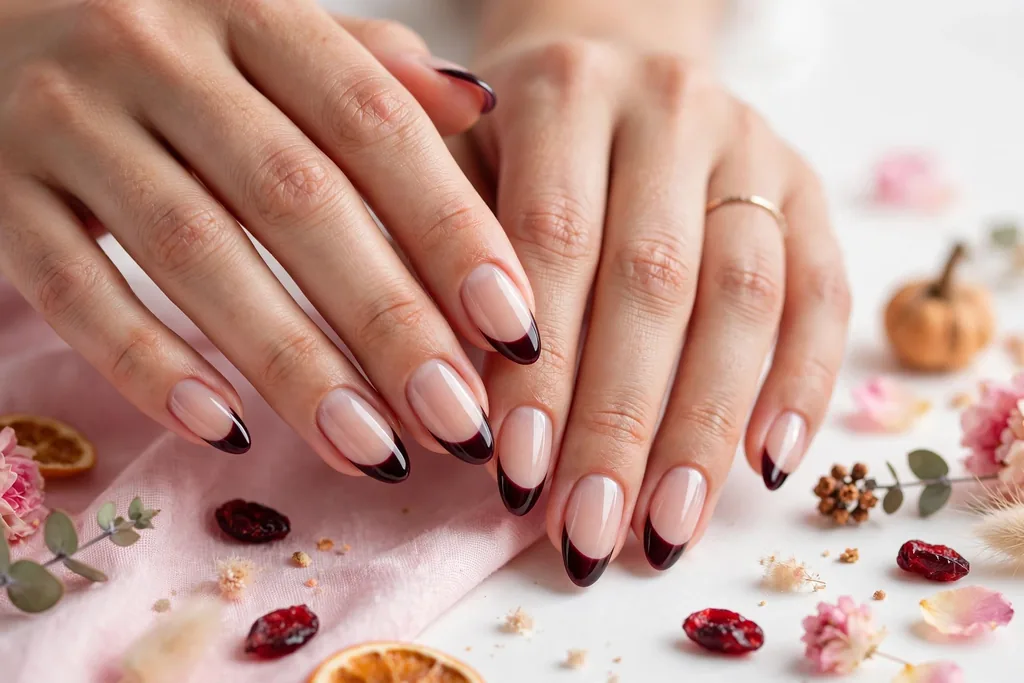 Thanksgiving dinner French tip nails with black cherry tips in a very deep red-purple on a sheer nude base, shown on medium almond nails.