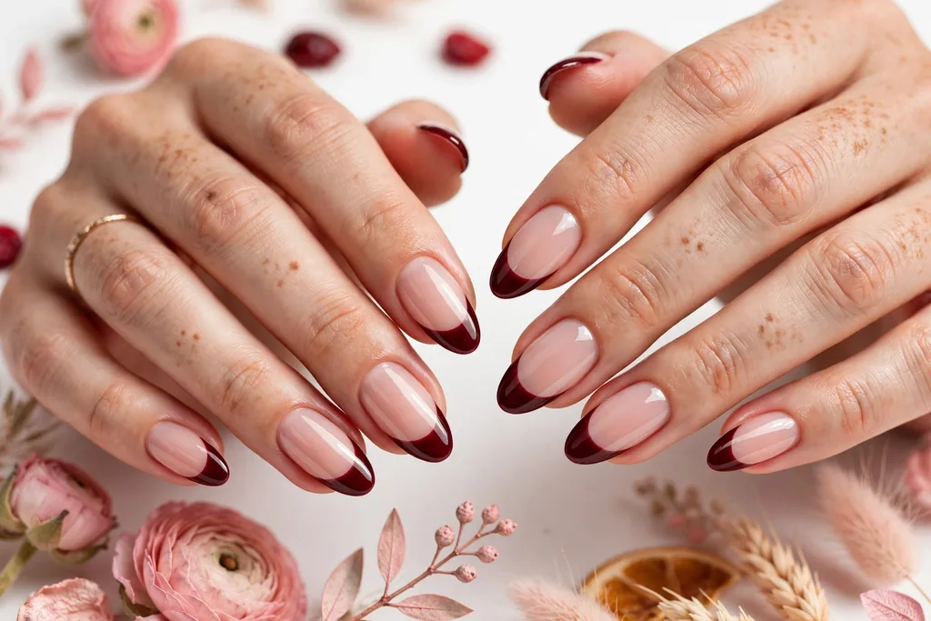 Thanksgiving dinner French tip nails with deep burgundy glossy tips on a sheer nude base, shown on medium almond nails.