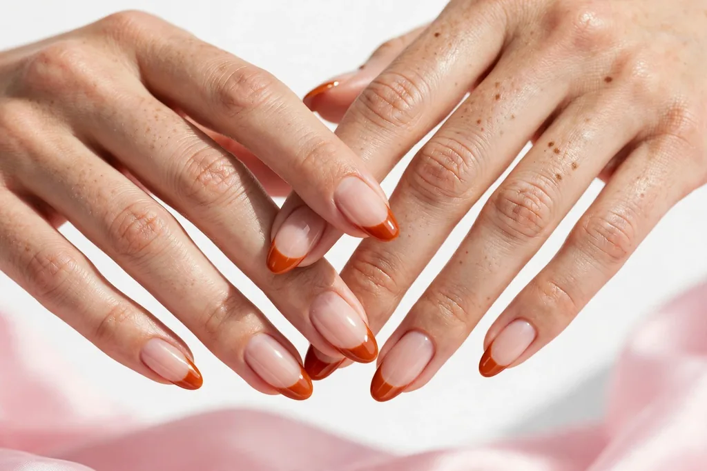 Thanksgiving dinner French tip nails with burnt orange glossy tips on a sheer nude base, shown on medium almond nails.