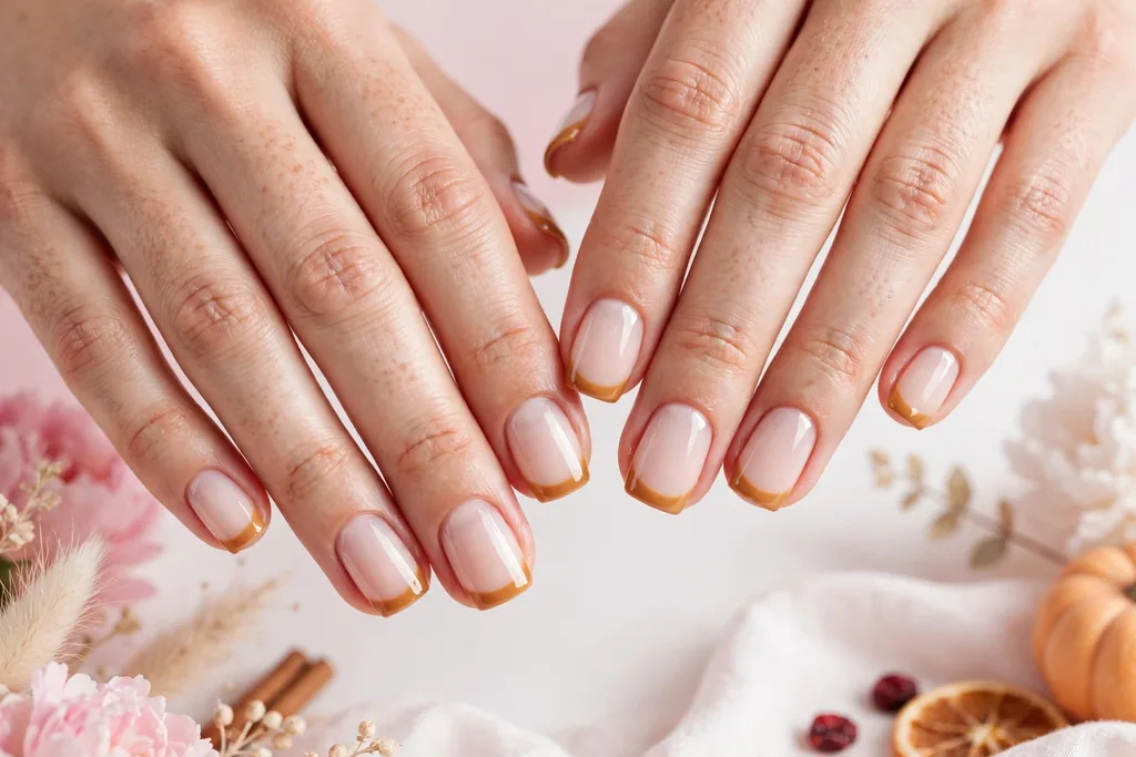 Thanksgiving dinner French tip nails with warm caramel tips on a milky nude base, shown on short squoval nails.
