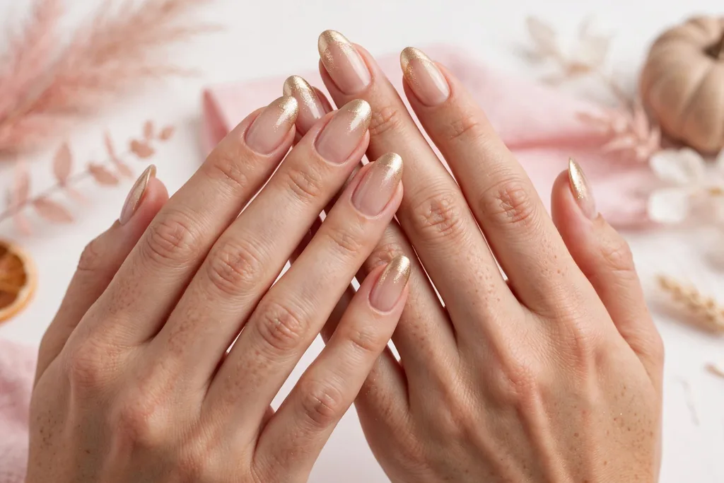 Thanksgiving dinner French tip nails with champagne gold shimmer tips on a sheer nude base, shown on medium almond nails.