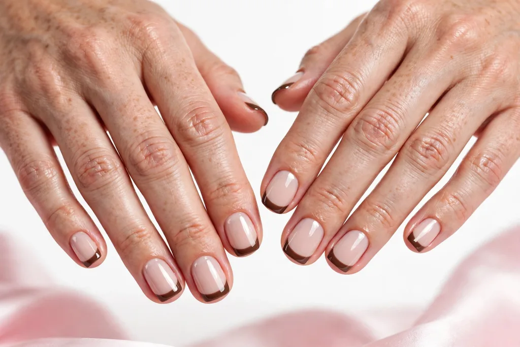 Thanksgiving dinner French tip nails with chocolate brown glossy tips on a milky nude base, shown on short squoval nails.