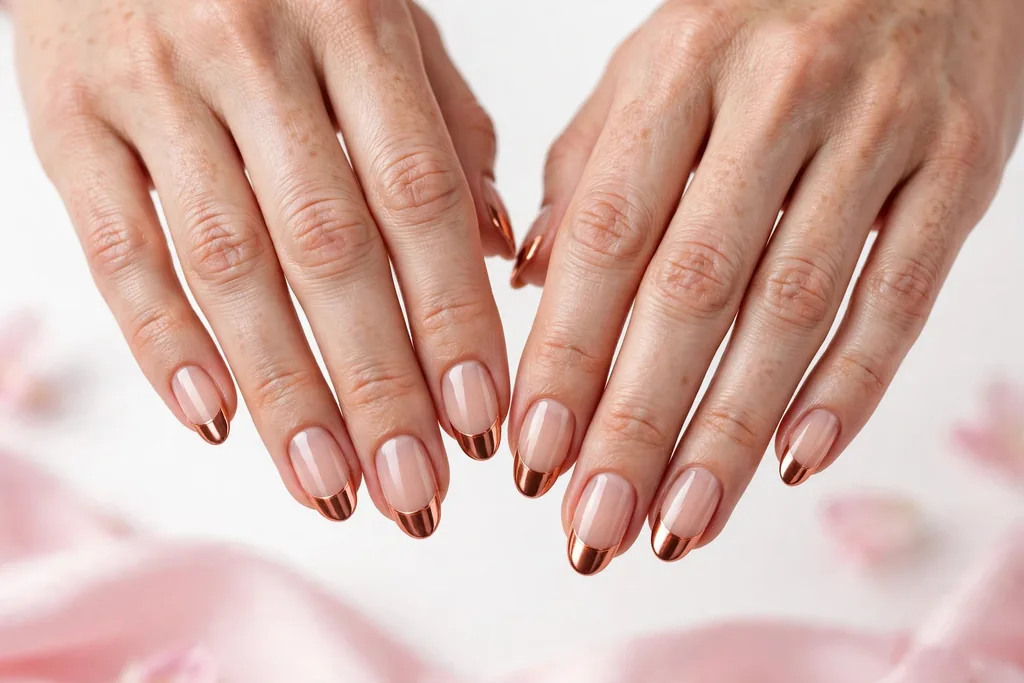 Thanksgiving dinner French tip nails with copper chrome mirror tips on a sheer nude base, shown on medium almond nails.