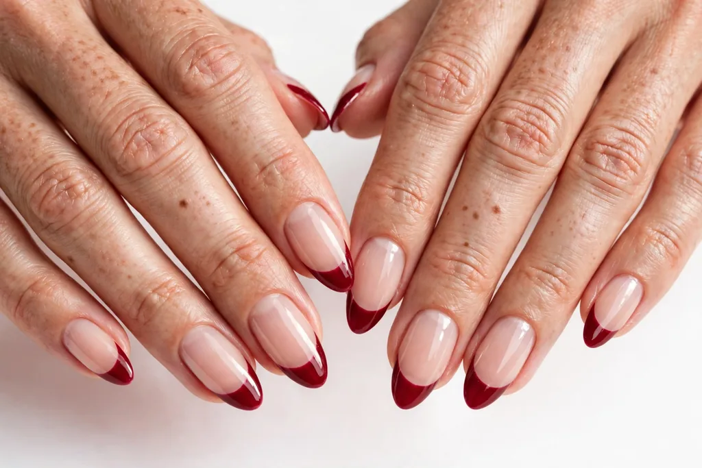 Thanksgiving dinner French tip nails with cranberry red glossy tips on a sheer nude base, shown on medium almond nails.