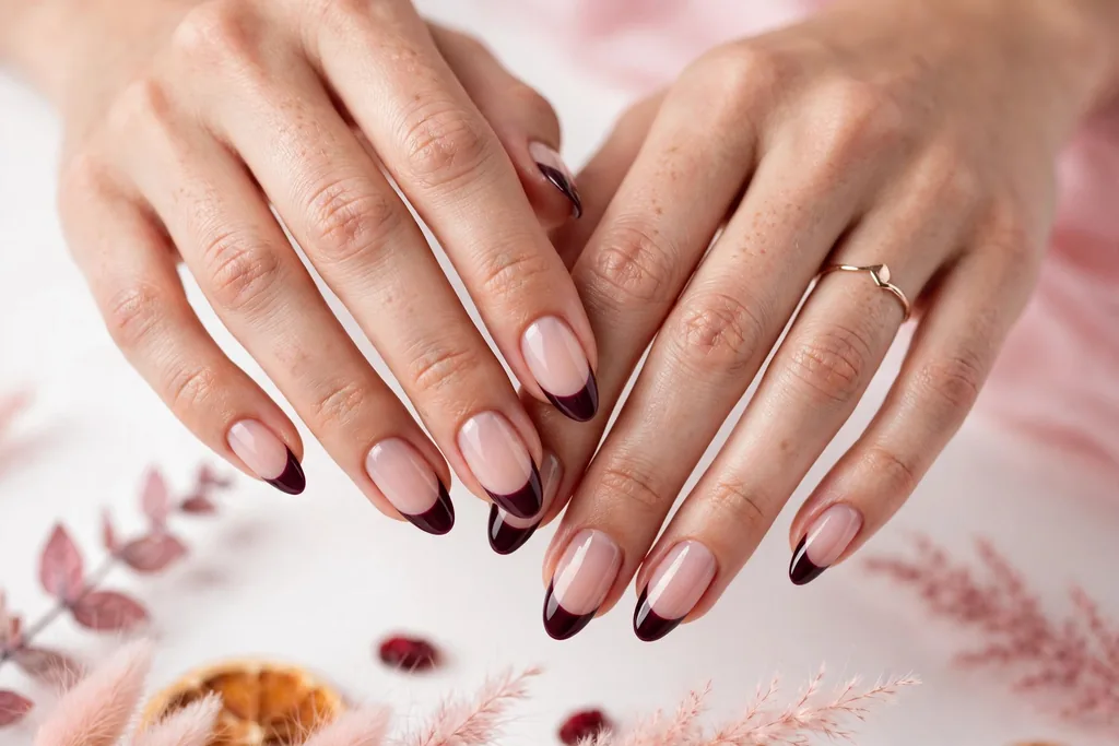 Thanksgiving dinner French tip nails with deep plum glossy tips on a sheer nude base, shown on medium almond nails.