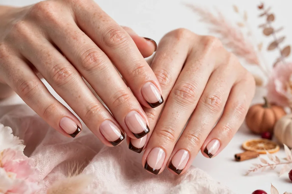 Thanksgiving dinner French tip nails with deep espresso brown tips on a sheer nude base, shown on short squoval nails.