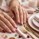 Thanksgiving dinner French tip nails with deep burgundy, cranberry, and copper tips and gold accents on a sheer nude base, shown on a woman's hands resting beside an elegant place setting on a warm dining table.