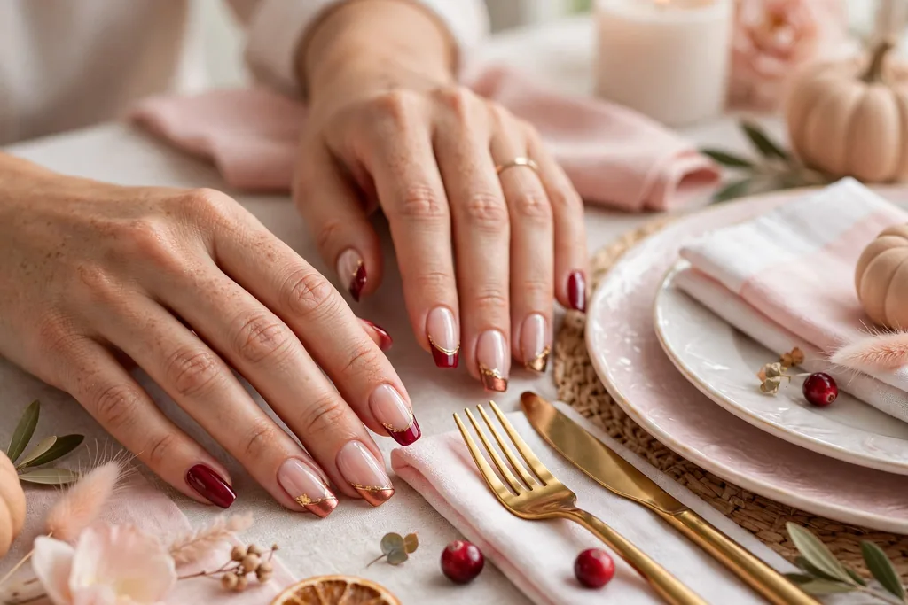 Thanksgiving dinner French tip nails with deep burgundy, cranberry, and copper tips and gold accents on a sheer nude base, shown on a woman's hands resting beside an elegant place setting on a warm dining table.