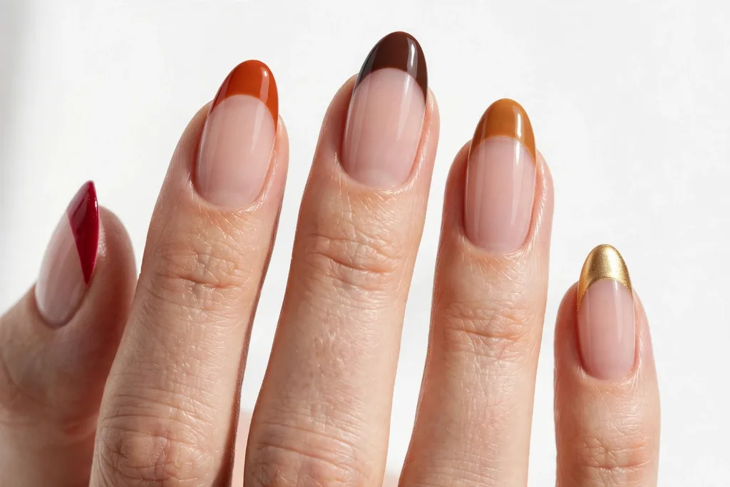 Thanksgiving dinner French tip nails with a different harvest tip color on each nail, including cranberry, burnt orange, chocolate, caramel, and gold, on a sheer nude base, shown on medium almond nails.