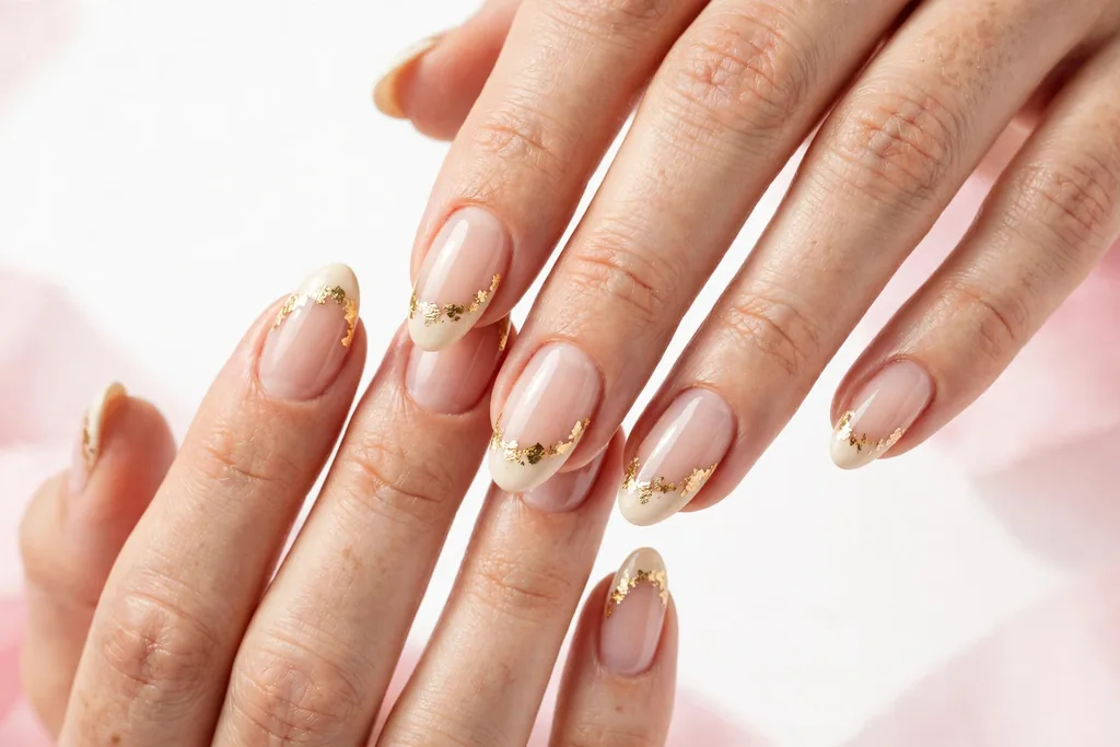 Thanksgiving dinner French tip nails with cream tips and irregular gold foil flakes along the smile line on a sheer nude base, shown on medium almond nails.