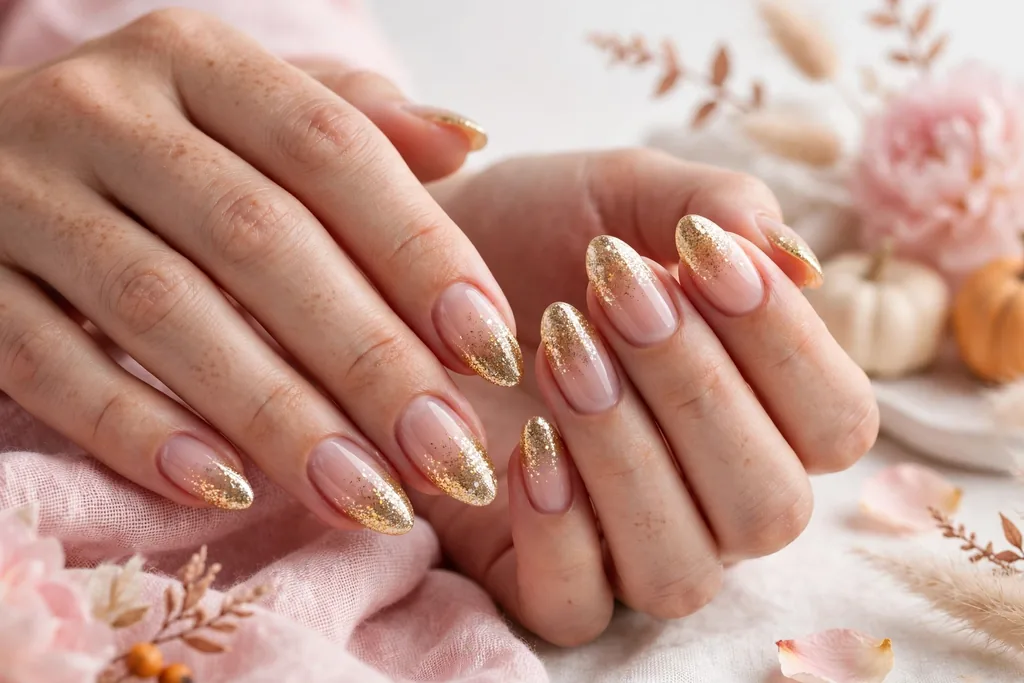 Thanksgiving dinner French tip nails with gold glitter tips fading into a sheer nude base, shown on medium almond nails.