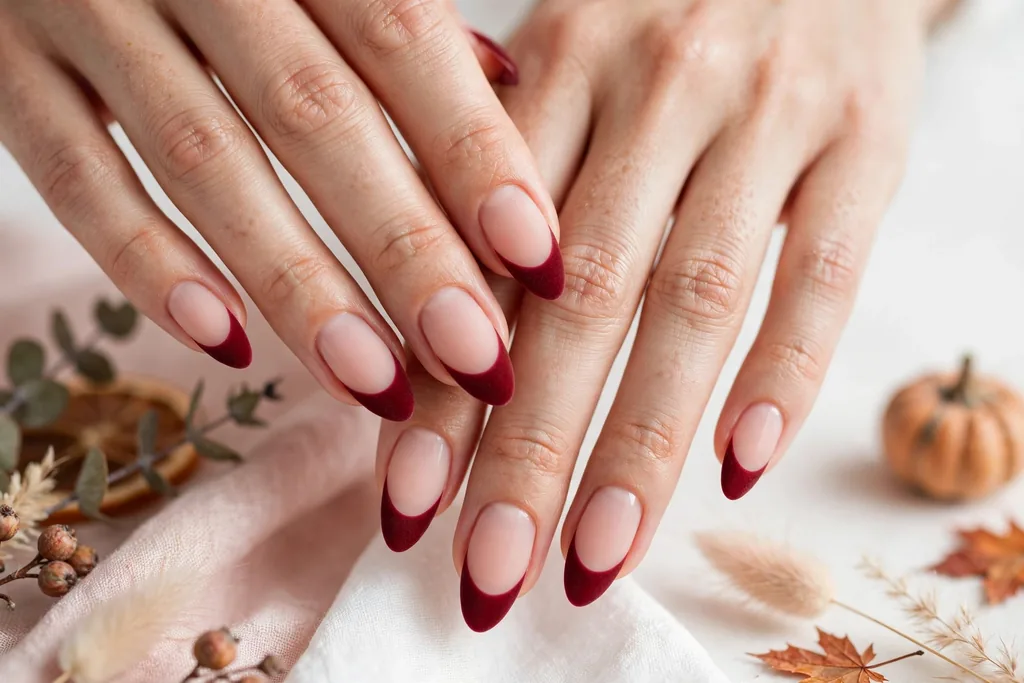 Thanksgiving dinner French tip nails with matte velvet wine red tips on a soft sheer nude base, shown on medium almond nails.
