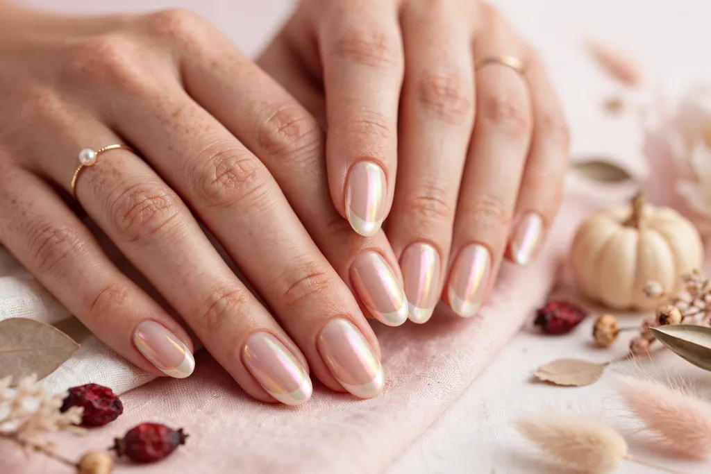 Thanksgiving dinner French tip nails with pearl cream tips with a soft iridescent sheen on a sheer nude base, shown on medium oval nails.