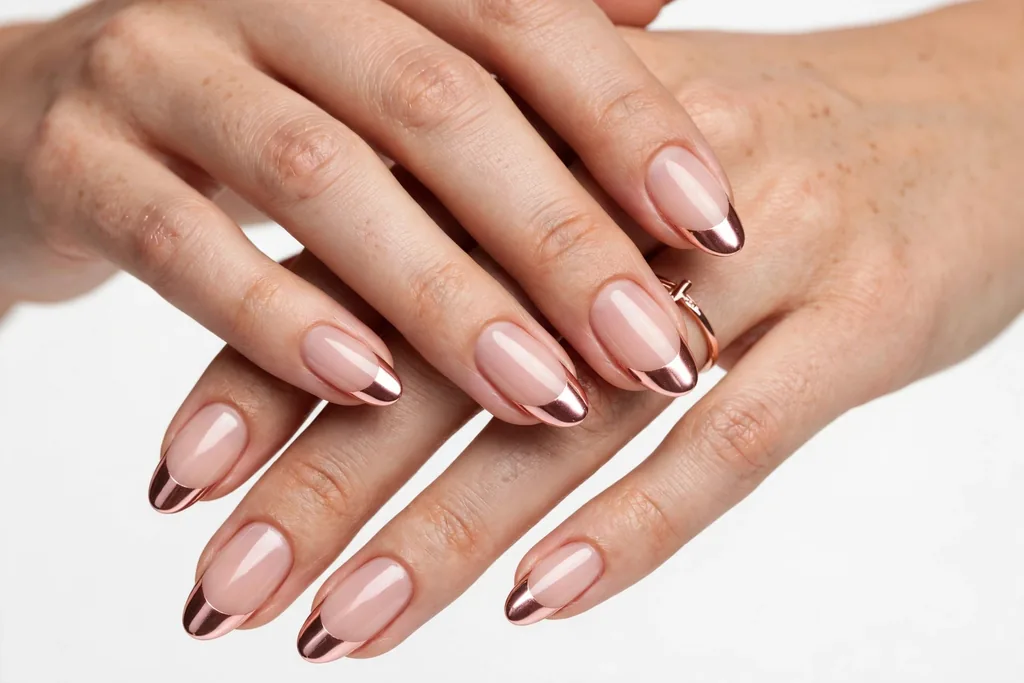 Thanksgiving dinner French tip nails with rose gold chrome mirror tips on a sheer nude base, shown on medium almond nails.