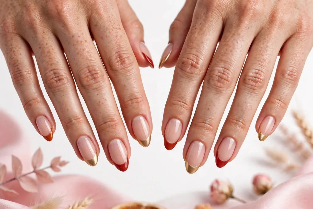 Thanksgiving dinner French tip nails alternating rust red and metallic gold tips on a sheer nude base, shown on medium almond nails.