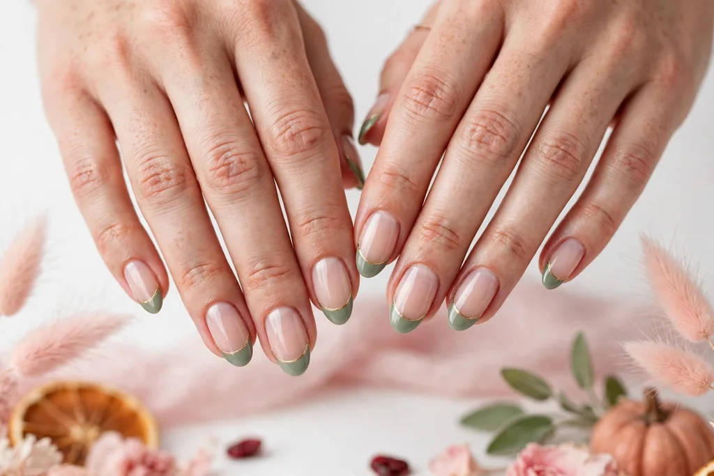 Thanksgiving dinner French tip nails with soft sage green tips edged with a thin gold line on a sheer nude base, shown on medium almond nails.
