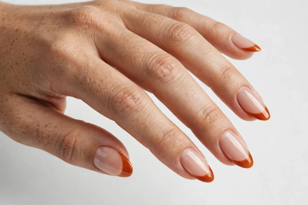 Classic Burnt Orange Thanksgiving French Tip Nails Thanksgiving French tip nails with burnt orange glossy tips on a sheer nude base, shown on medium almond nails.