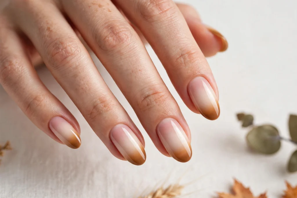 Cream and Caramel Thanksgiving French Ombre Nails Thanksgiving French ombre nails with tips fading from cream into warm caramel over a soft pink base, shown on medium almond nails.