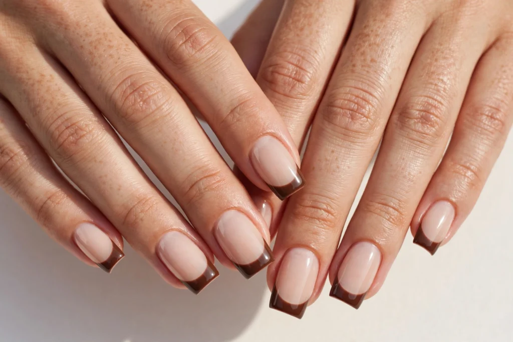 Chocolate Brown Thanksgiving French Tip Nails Thanksgiving French tip nails with chocolate brown glossy tips on a milky nude base, shown on medium square nails.