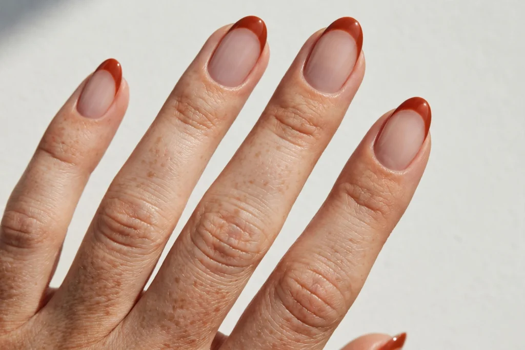 Cinnamon Thanksgiving French Tip Nails Thanksgiving French tip nails with warm cinnamon reddish-brown tips on a sheer nude base, shown on medium oval nails.