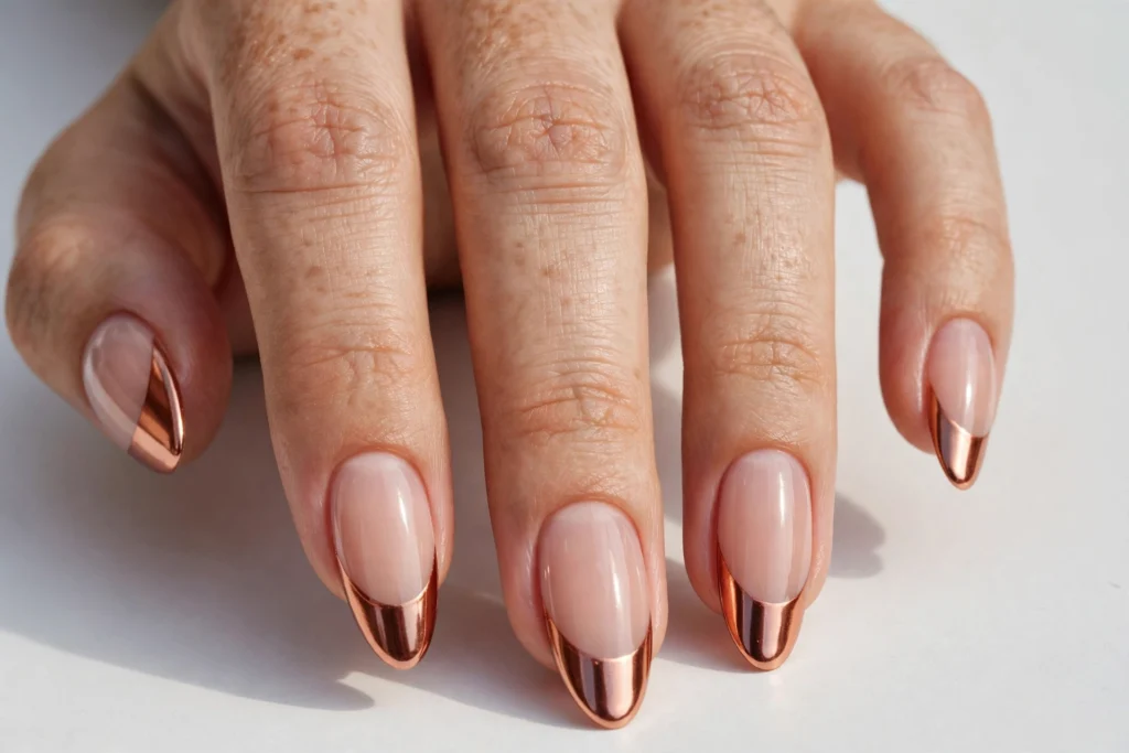 Copper Chrome Thanksgiving French Tip Nails Thanksgiving French tip nails with copper chrome mirror tips on a sheer nude base, shown on long almond nails.
