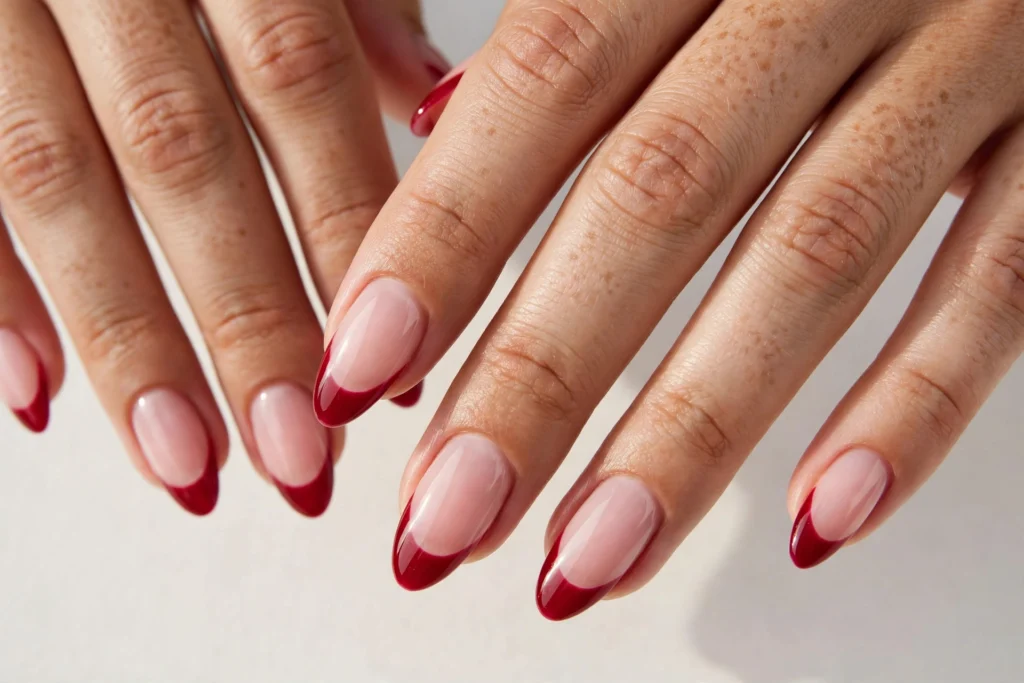 Cranberry Thanksgiving French Tip Nails Thanksgiving French tip nails with cranberry red glossy tips on a sheer pink base, shown on medium almond nails.