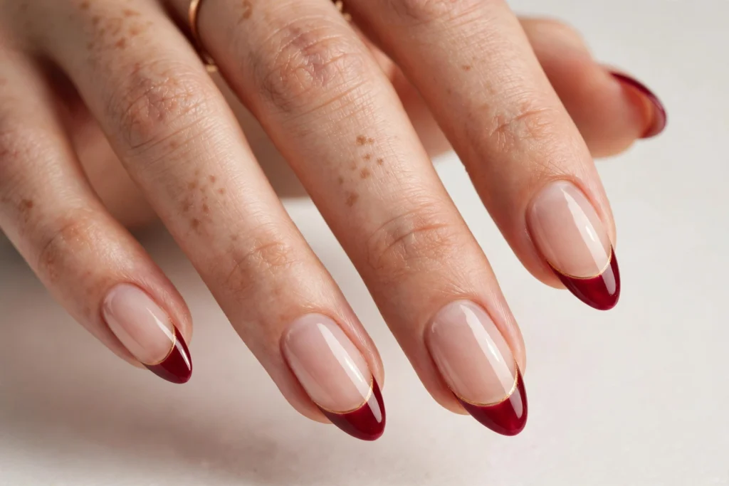 Cranberry and Gold Thanksgiving French Tip Nails Thanksgiving French tip nails with cranberry red tips edged with a thin gold line on a sheer nude base, shown on medium almond nails.