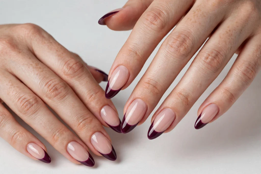 Deep Plum Thanksgiving French Tip Nails Thanksgiving French tip nails with deep plum glossy tips on a sheer nude base, shown on long almond nails.