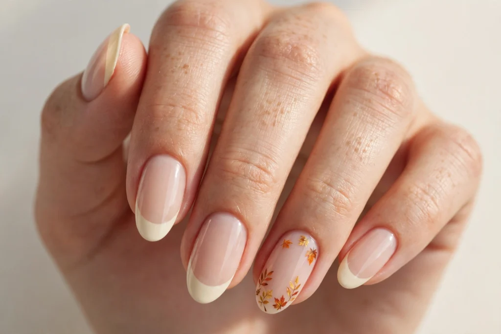 Fall Leaf Thanksgiving French Tip Nails Thanksgiving French tip nails with cream tips and tiny fall leaves in orange, gold, and rust on the accent nails, shown on medium almond nails with a sheer nude base.