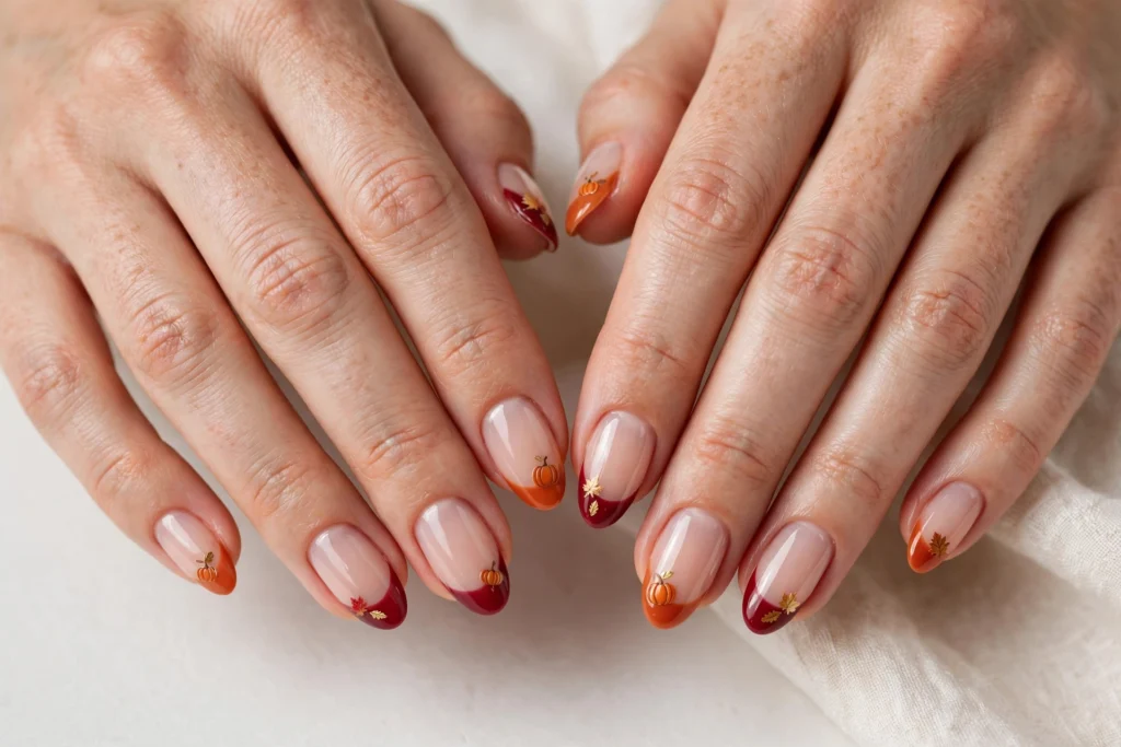 Thanksgiving French Tip Nails with Pumpkin and Leaf Art Thanksgiving French tip nails with burnt orange and cranberry tips and tiny pumpkin and fall leaf art on a sheer nude base, shown on a woman's hands against a white and soft beige background.