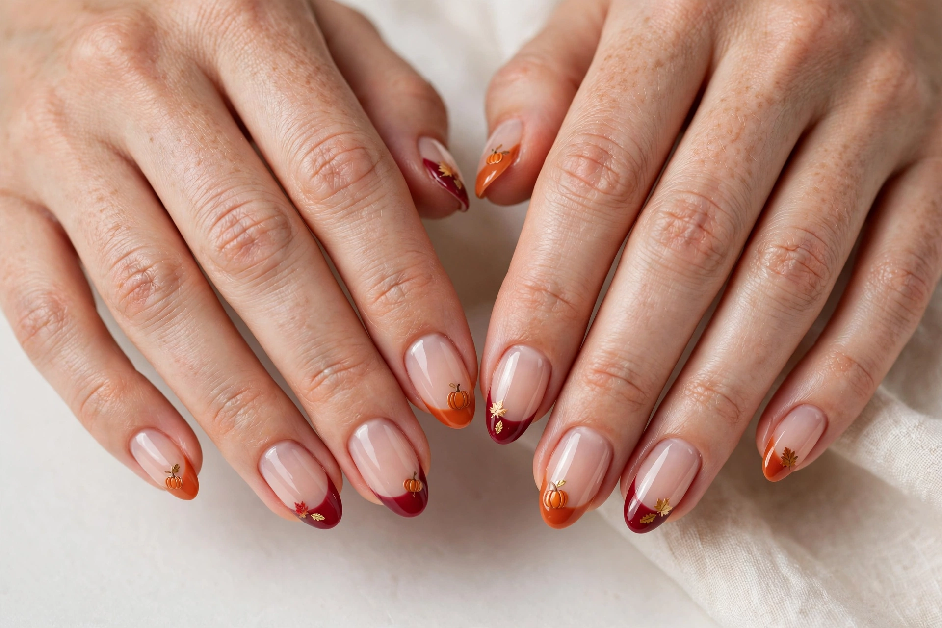 Thanksgiving French tip nails with burnt orange and cranberry tips and tiny pumpkin and fall leaf art on a sheer nude base, shown on a woman's hands against a white and soft beige background.