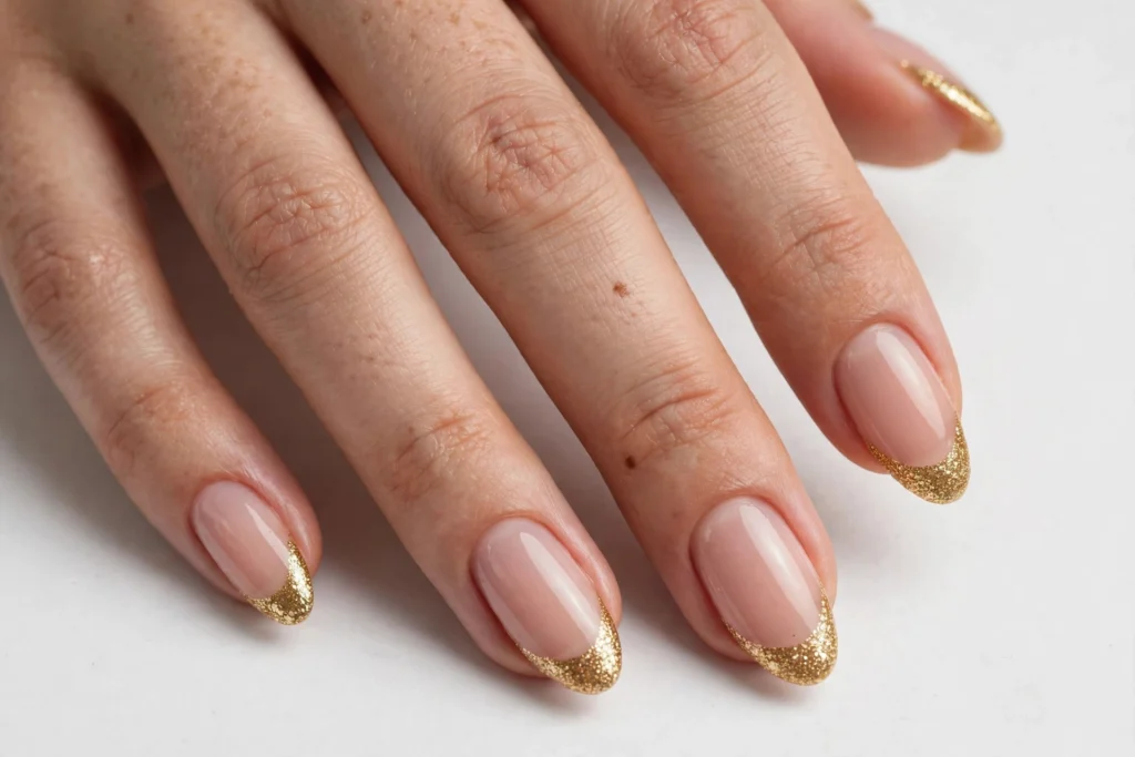 Gold Glitter Thanksgiving French Tip Nails Thanksgiving French tip nails with sparkling gold glitter tips on a sheer nude base, shown on medium almond nails.