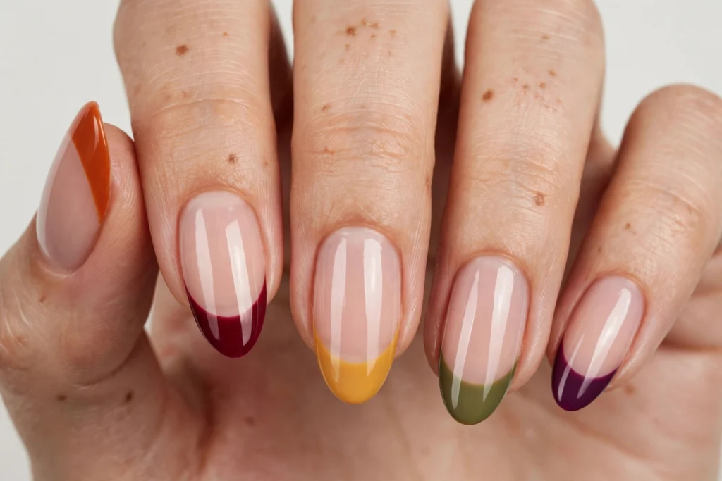 Harvest Mix-and-Match Thanksgiving French Tip Nails Thanksgiving French tip nails with a different fall tip color on each nail, including burnt orange, cranberry, mustard, olive, and plum, on a sheer nude base, shown on medium almond nails.