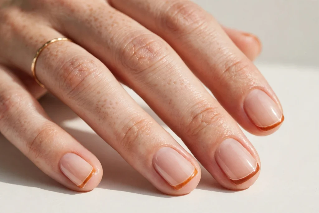 Short Spice Micro French Tip Nails for Thanksgiving Short Thanksgiving French tip nails with ultra-thin micro tips in cinnamon and spice tones on a sheer nude base, shown on short squoval nails.
