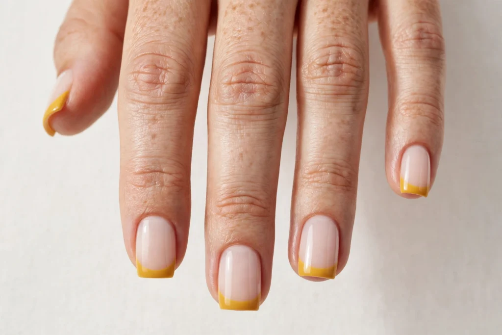 Mustard Yellow Thanksgiving French Tip Nails Thanksgiving French tip nails with mustard yellow tips on a milky nude base, shown on short square nails.