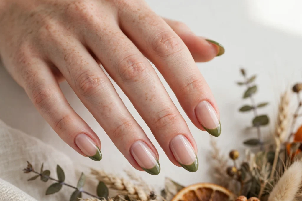 Olive Green Thanksgiving French Tip Nails Thanksgiving French tip nails with olive green tips on a sheer nude base, shown on medium almond nails.