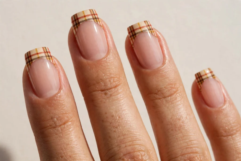 Plaid Thanksgiving French Tip Nails Thanksgiving French tip nails with fall plaid tips in cream, rust, mustard, and brown on a sheer nude base, shown on medium square nails.