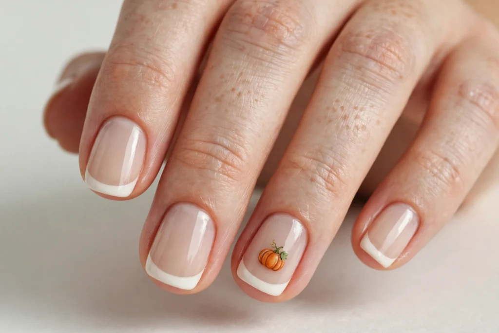 Tiny Pumpkin Accent Thanksgiving French Tip Nails Thanksgiving French tip nails with cream white tips and a tiny orange pumpkin with a green stem on one accent nail, shown on short squoval nails with a sheer nude base.
