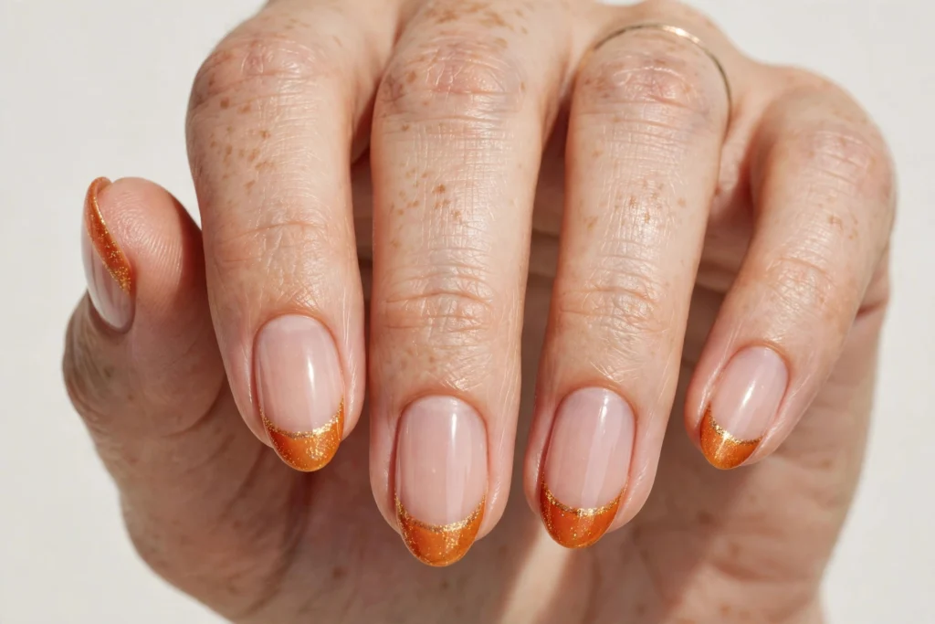 Pumpkin Spice Thanksgiving French Tip Nails Thanksgiving French tip nails with warm pumpkin spice orange tips and a fine gold shimmer on a sheer nude base, shown on short almond nails.