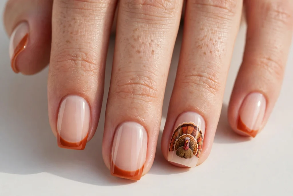 Tiny Turkey Accent Thanksgiving French Tip Nails Thanksgiving French tip nails with burnt orange tips and a small turkey with fanned feather arcs on one accent nail, shown on medium squoval nails with a sheer nude base.