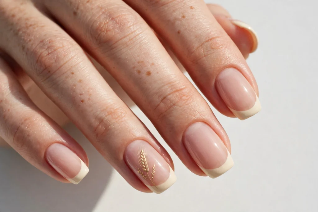Golden Wheat Accent Thanksgiving French Tip Nails Thanksgiving French tip nails with cream tips and a fine gold wheat stalk painted on one accent nail, shown on medium almond nails with a sheer nude base.