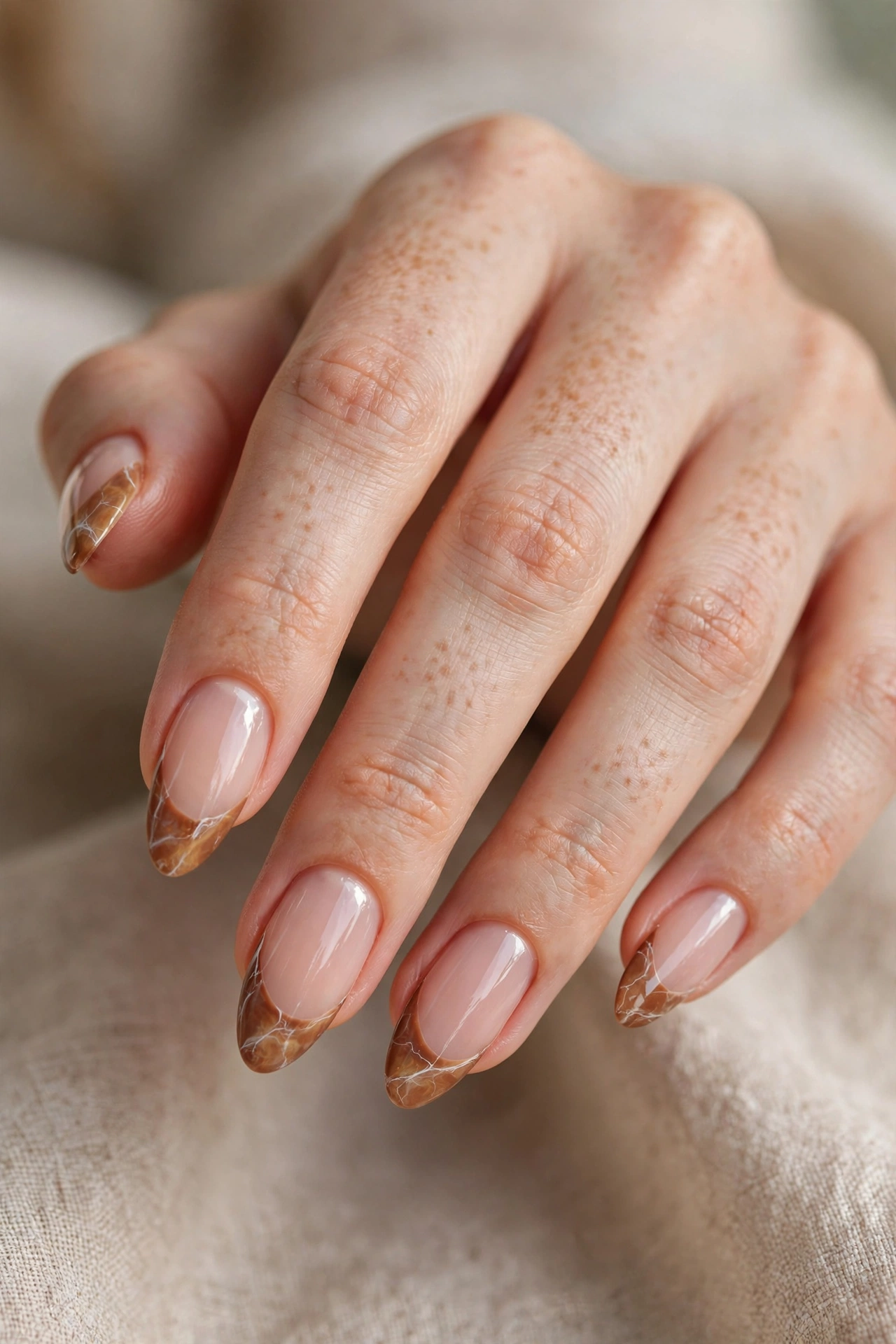 Close-up of almond nails with toffee-brown marble French tips with white veining
