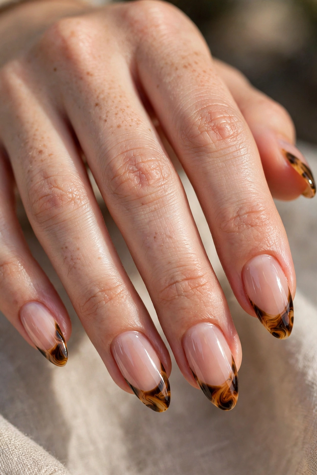 Close-up of almond nails with tortoiseshell-pattern French tips in caramel, amber and brown
